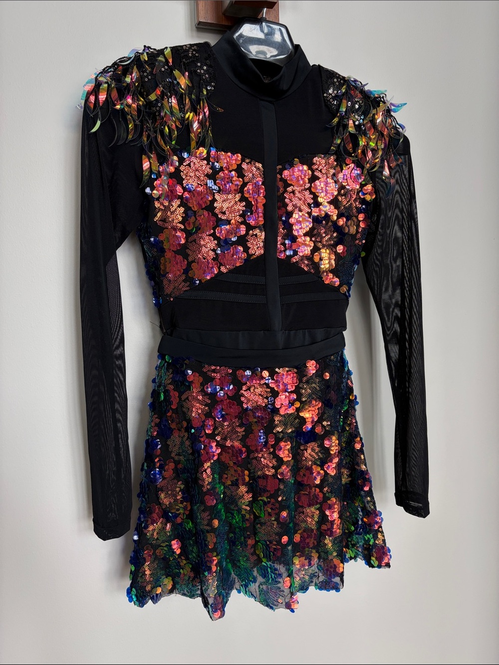 Black Sequin Fringe Dance Costume with Iridescent Sequins